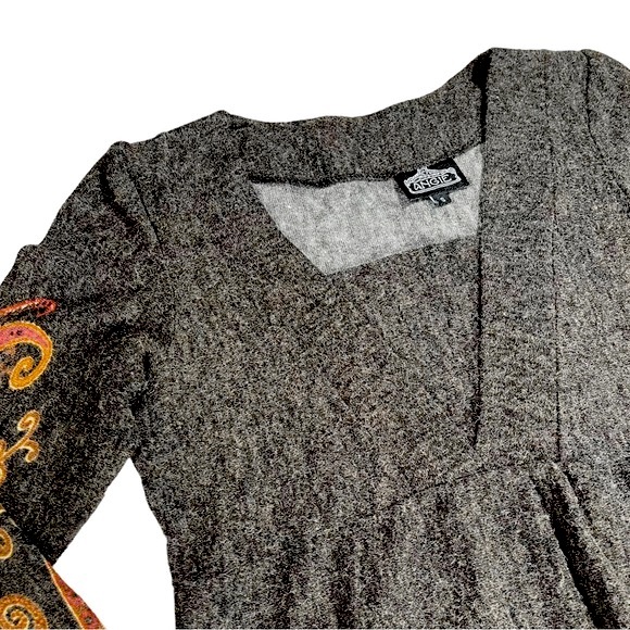 Angie size small red gold dark gray swirls/flames dress long sleeves vneck EUC - Picture 2 of 10